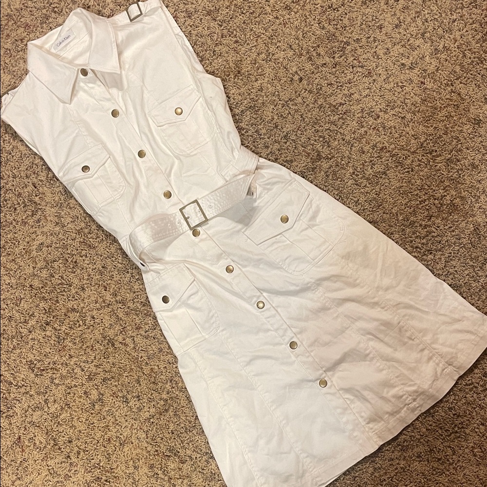 Calvin Klein White Sleeveless Belted Dress